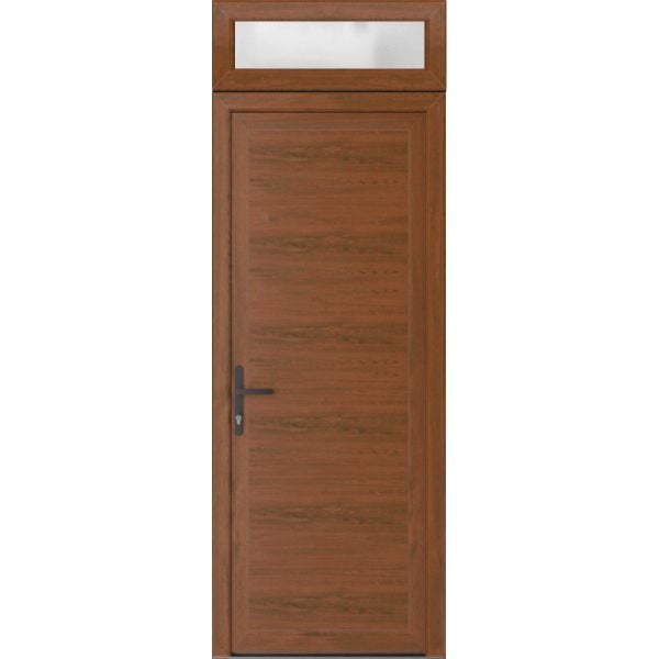 Front Exterior Prehung Metal-PlasticDoor Frosted Glass | Manux 8111 Walnut | Top Sidelite Transom | Office Commercial and Residential Doors Entrance Patio Garage 36" x 94" (W36" x H80+14") Right hand Inswing