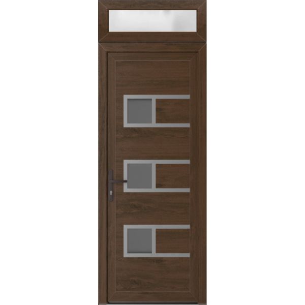 Front Exterior Prehung Metal-PlasticDoor | Manux 8933 Walnut | Top Sidelite Transom | Office Commercial and Residential Doors Entrance Patio Garage 30" x 94" (W30" x H80+14") Right hand Inswing