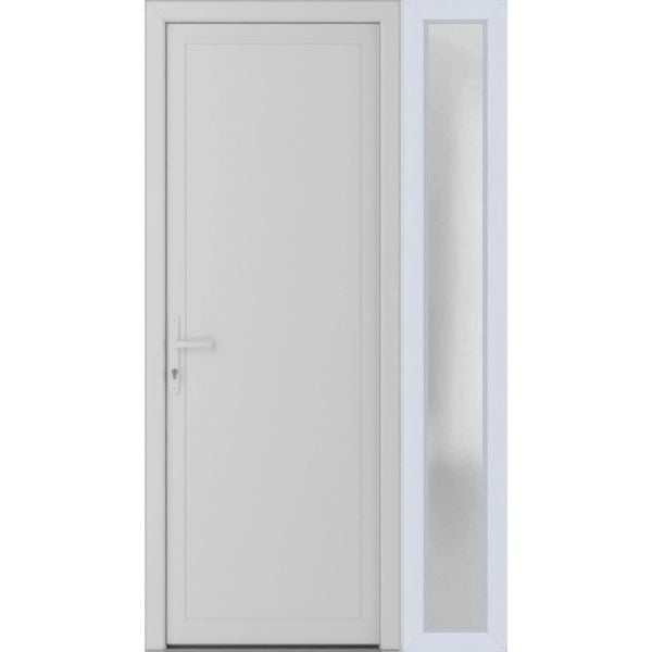 Front Exterior Prehung Metal-PlasticDoor Frosted Glass | Manux 8111 White Silk | Side Sidelite Transom | Office Commercial and Residential Doors Entrance Patio Garage 50" x 80" (W36+14" x H80") Right hand Inswing