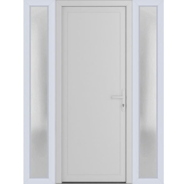 Front Exterior Prehung Metal-PlasticDoor Frosted Glass | Manux 8111 White Silk | 2 Side Sidelite Transoms | Office Commercial and Residential Doors Entrance Patio Garage 64" x 80" (W14+36+14" x H80") Left hand Inswing