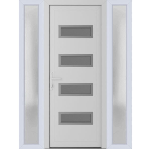 Front Exterior Prehung Metal-PlasticDoor | Manux 8113 White Silk | 2 Side Sidelite Transoms | Office Commercial and Residential Doors Entrance Patio Garage 56" x 80" (W12+32+12" x H80") Right hand Inswing
