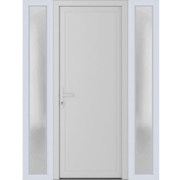 Front Exterior Prehung Metal-PlasticDoor Frosted Glass | Manux 8111 White Silk | 2 Side Sidelite Transoms | Office Commercial and Residential Doors Entrance Patio Garage 64" x 80" (W14+36+14" x H80") Right hand Inswing