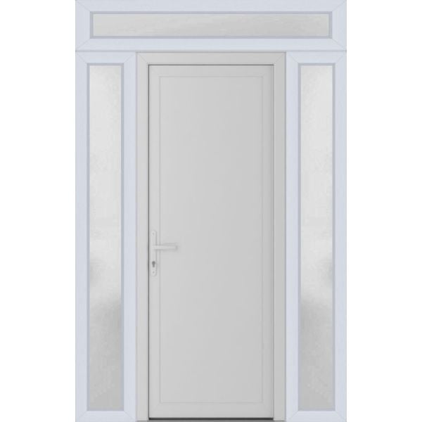 Front Exterior Prehung Metal-PlasticDoor Frosted Glass | Manux 8111 White Silk | 2 Side and Top Sidelite Transom | Office Commercial and Residential Doors Entrance Patio Garage 68" x 94" (W16+36+16" x H80+14") Right hand Inswing