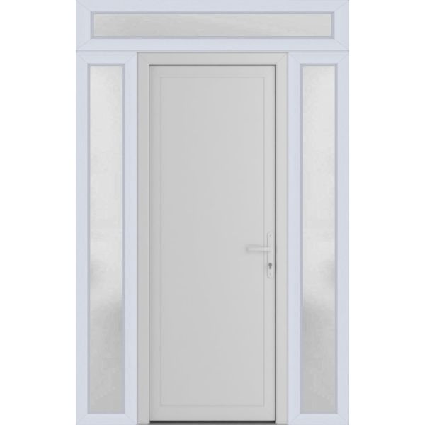 Front Exterior Prehung Metal-PlasticDoor Frosted Glass | Manux 8111 White Silk | 2 Side and Top Sidelite Transom | Office Commercial and Residential Doors Entrance Patio Garage 60" x 94" (W12+36+12" x H80+14") Left hand Inswing