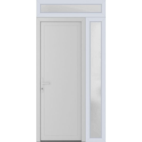 Front Exterior Prehung Metal-PlasticDoor Frosted Glass | Manux 8111 White Silk | Side and Top Sidelite Transom | Office Commercial and Residential Doors Entrance Patio Garage 52" x 94" (W36+16" x H80+14") Right hand Inswing