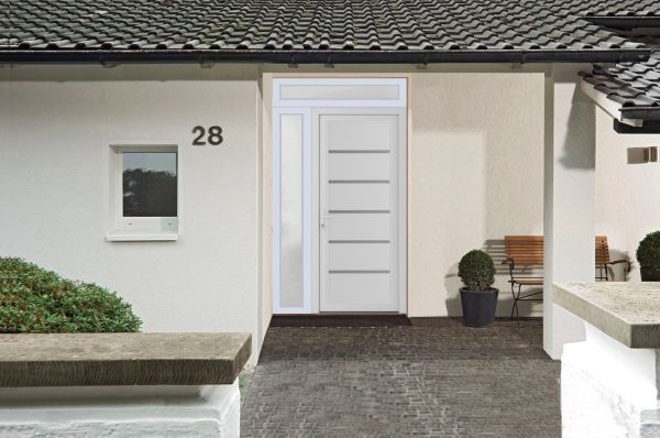Front Exterior Prehung Metal-PlasticDoor | Manux 8415 White Silk | Side and Top Sidelite Transom | Office Commercial and Residential Doors Entrance Patio Garage 42" x 94" (W30+12" x H80+14") Right hand Inswing