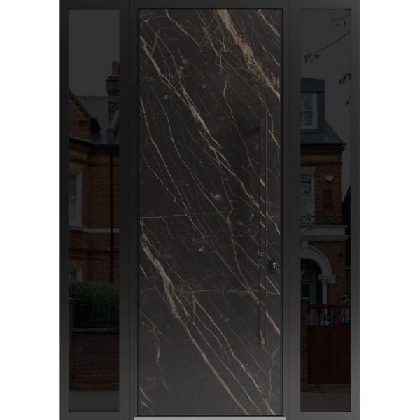 Front Exterior Prehung Steel Door / Dekton 0118 Natural Noir 96”/ 2 Side Exterior Windows Sidelites/ Entry Metal Modern Painted W12+36+12" x H96" Left hand Inswing