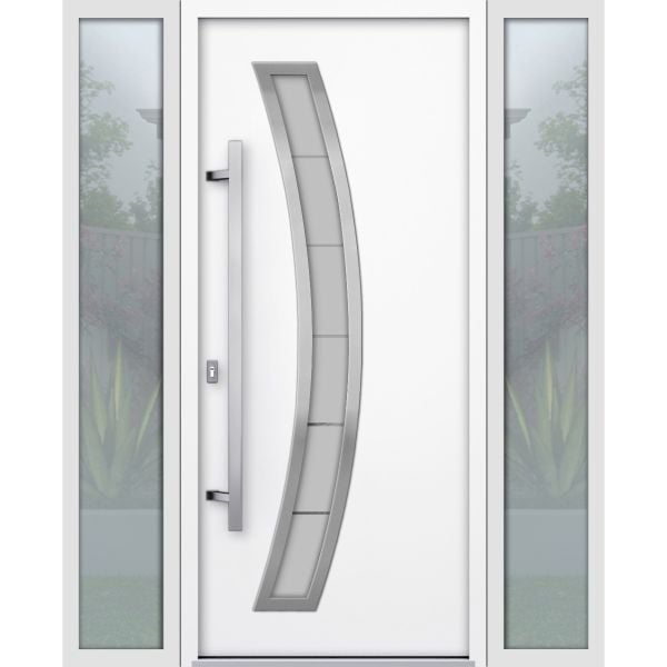 Front Exterior Prehung Steel Door / Deux 6500 White / 2 Sidelight Exterior Windows / Stainless Inserts Single Modern Painted-W14+36+14" x H80"-Right-hand Inswing