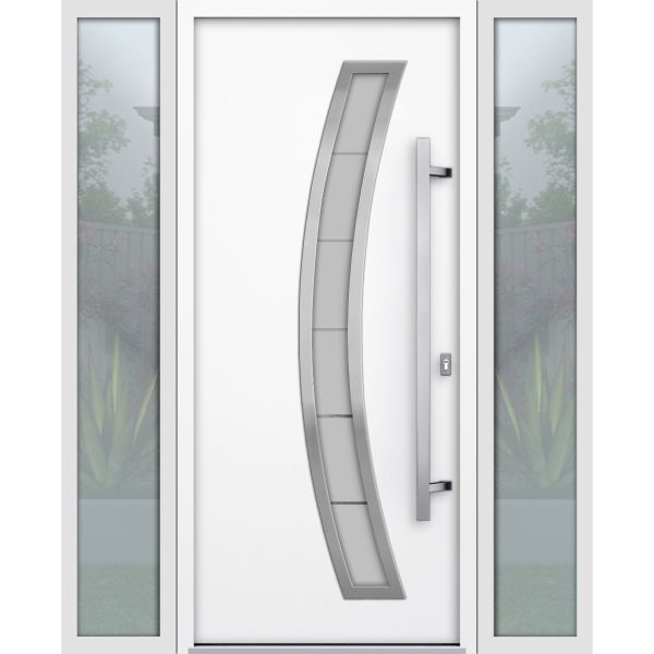 Front Exterior Prehung Steel Door / Deux 6500 White / 2 Sidelight Exterior Windows / Stainless Inserts Single Modern Painted-W16+36+16" x H80"-Left-hand Inswing