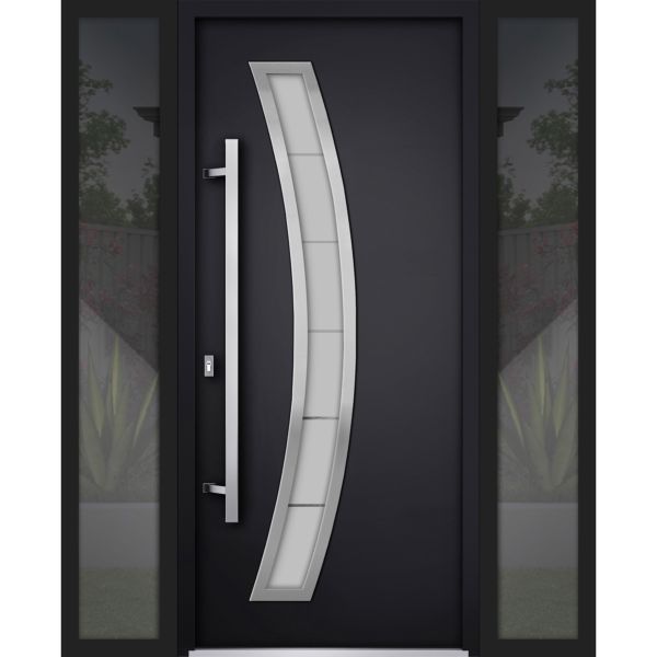 Front Exterior Prehung Steel Door / Deux 6500 Black / 2 Sidelight Exterior Windows / Stainless Inserts Single Modern Painted-W16+36+16" x H80"-Right-hand Inswing
