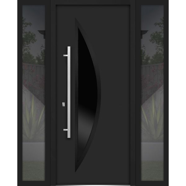 Front Exterior Prehung Steel Door / Deux 6501 Black / 2 Side Exterior Windows / Stainless Inserts Single Modern Painted-W12+36+12" x H80"-Right-hand Inswing