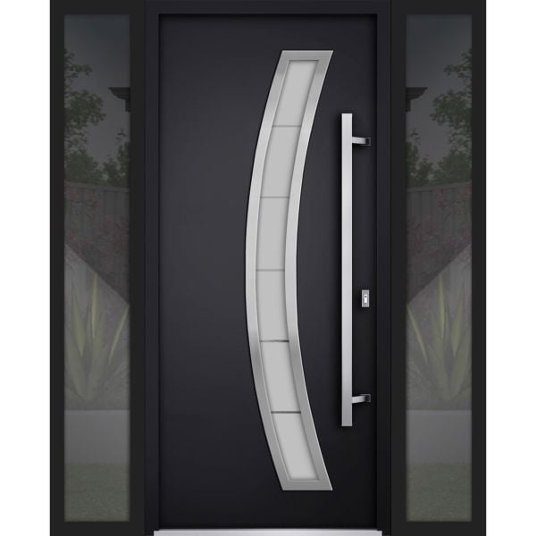 Front Exterior Prehung Steel Door / Deux 6500 Black / 2 Sidelight Exterior Windows / Stainless Inserts Single Modern Painted-W16+36+16" x H80"-Left-hand Inswing