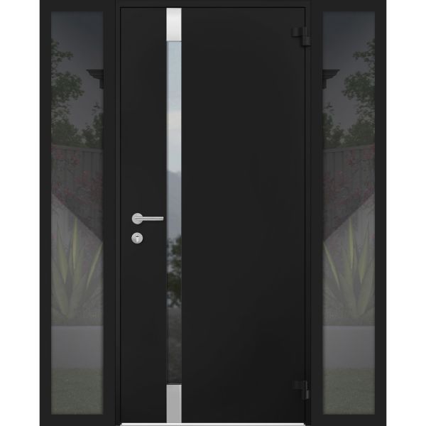 Front Exterior Prehung Steel Door / Cynex 6777 Black / 2 Sidelight Exterior Windows / Stainless Inserts Single Modern Painted-W14+36+14" x H80"-Right-hand Outswing