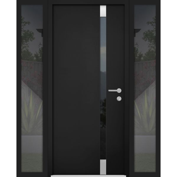 Front Exterior Prehung Steel Door / Cynex 6777 Black / 2 Sidelight Exterior Windows / Stainless Inserts Single Modern Painted-W12+32+12" x H80"-Left-hand Inswing