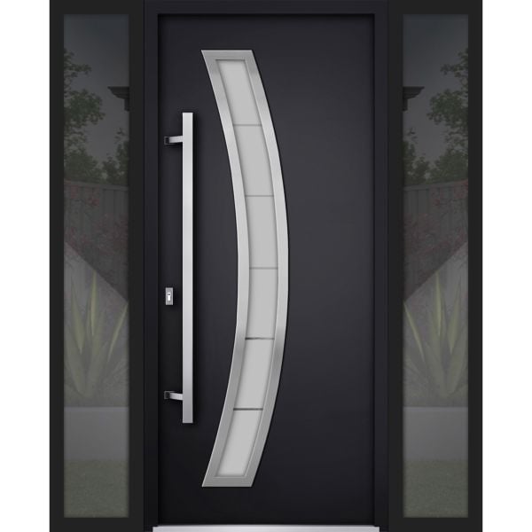 Front Exterior Prehung Steel Door / Deux 6500 Black / 2 Sidelight Exterior Windows / Stainless Inserts Single Modern Painted-W14+36+14" x H80"-Right-hand Inswing