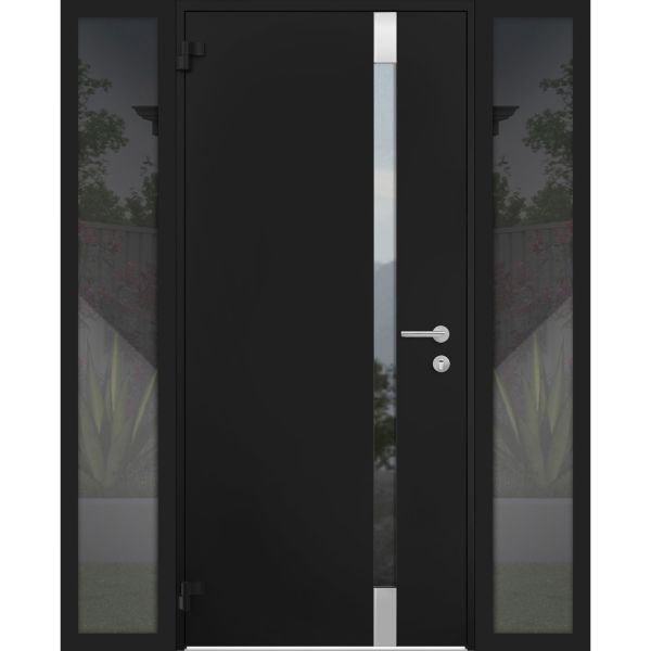 Front Exterior Prehung Steel Door / Cynex 6777 Black / 2 Sidelight Exterior Windows / Stainless Inserts Single Modern Painted-W14+36+14" x H80"-Left-hand Outswing