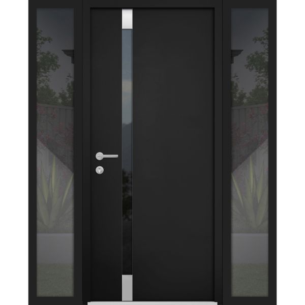 Front Exterior Prehung Steel Door / Cynex 6777 Black / 2 Sidelight Exterior Windows / Stainless Inserts Single Modern Painted-W12+36+12" x H80"-Right-hand Inswing
