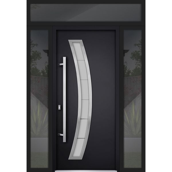 Front Exterior Prehung Steel Door / Deux 6500 Black / 2 Sidelight and Transom Window / Stainless Inserts Single Modern Painted-W14+36+14" x H80+16"-Right-hand Inswing