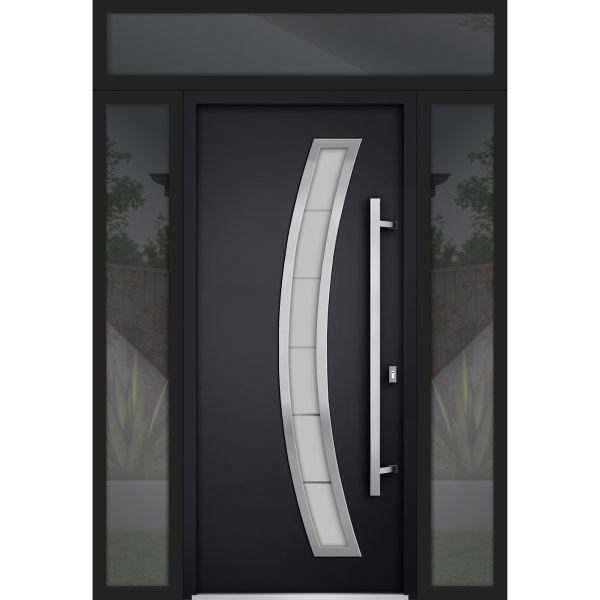 Front Exterior Prehung Steel Door / Deux 6500 Black / 2 Sidelight and Transom Window / Stainless Inserts Single Modern Painted-W12+36+12" x H80+16"-Left-hand Inswing