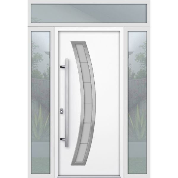 Front Exterior Prehung Steel Door / Deux 6500 White / 2 Sidelight and Transom Window / Stainless Inserts Single Modern Painted-W16+36+16" x H80+16"-Right-hand Inswing