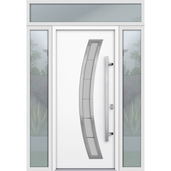 Front Exterior Prehung Steel Door / Deux 6500 White / 2 Sidelight and Transom Window / Stainless Inserts Single Modern Painted-W14+36+14" x H80+16"-Left-hand Inswing
