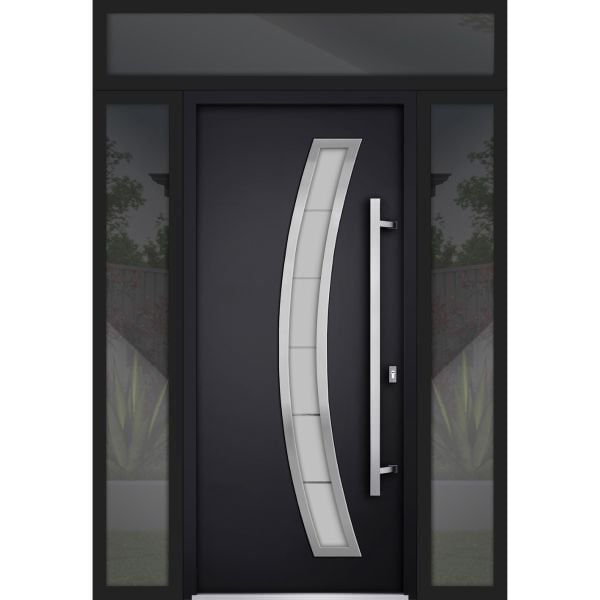 Front Exterior Prehung Steel Door / Deux 6500 Black / 2 Sidelight and Transom Window / Stainless Inserts Single Modern Painted-W16+36+16" x H80+16"-Left-hand Inswing