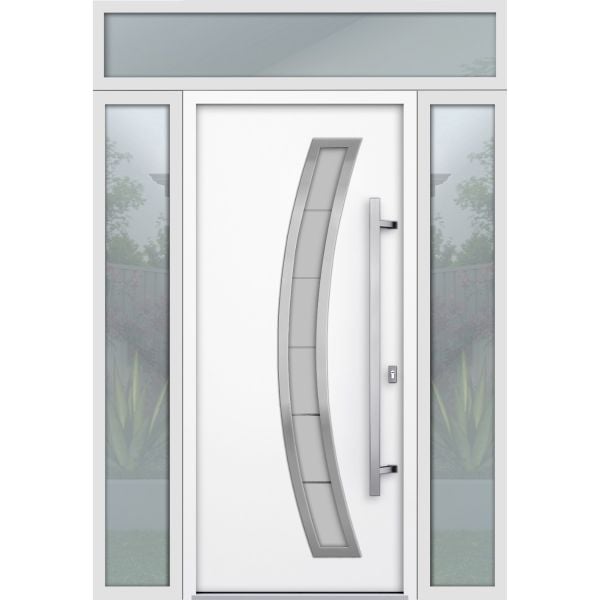 Front Exterior Prehung Steel Door / Deux 6500 White / 2 Sidelight and Transom Window / Stainless Inserts Single Modern Painted-W16+36+16" x H80+16"-Left-hand Inswing