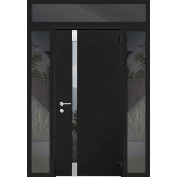 Front Exterior Prehung Steel Door / Cynex 6777 Black / 2 Sidelight and Transom Window / Stainless Inserts Single Modern Painted-W12+32+12" x H80+16"-Right-hand Outswing