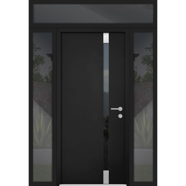 Front Exterior Prehung Steel Door / Cynex 6777 Black / 2 Sidelight and Transom Window / Stainless Inserts Single Modern Painted-W12+32+12" x H80+16"-Left-hand Inswing