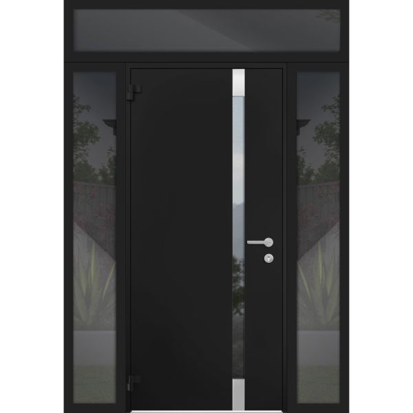 Front Exterior Prehung Steel Door / Cynex 6777 Black / 2 Sidelight and Transom Window / Stainless Inserts Single Modern Painted-W12+36+12" x H80+16"-Left-hand Outswing
