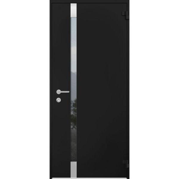 Front Exterior Prehung Steel Door / Cynex 6777 Black / Stainless Inserts Single Modern Painted-W32" x H80"-Right-hand Outswing