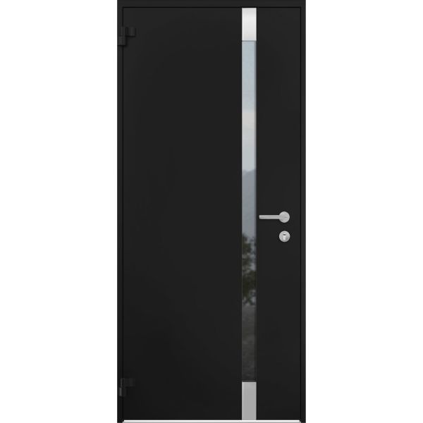 Front Exterior Prehung Steel Door / Cynex 6777 Black / Stainless Inserts Single Modern Painted-W32" x H80"-Left-hand Outswing