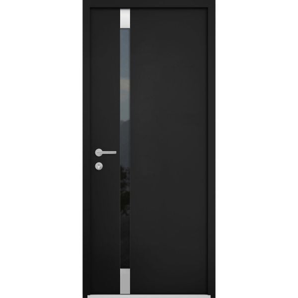 Front Exterior Prehung Steel Door / Cynex 6777 Black / Stainless Inserts Single Modern Painted