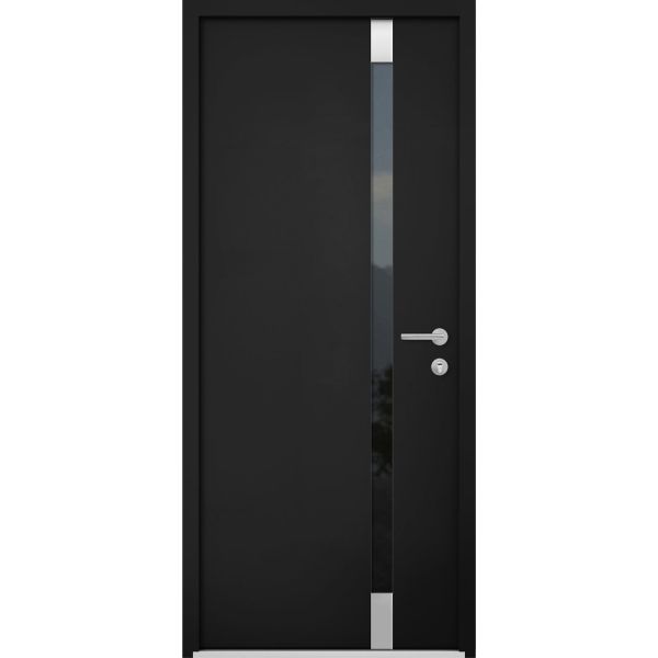 Front Exterior Prehung Steel Door / Cynex 6777 Black / Stainless Inserts Single Modern Painted-W32" x H80"-Left-hand Inswing