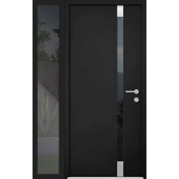 Front Exterior Prehung Steel Door / Cynex 6777 Black / Sidelight Exterior Window / Stainless Inserts Single Modern Painted-W36+12" x H80"-Left-hand Inswing