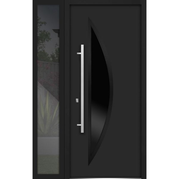 Front Exterior Prehung Steel Door / Deux 6501 Black / Side Exterior Window /  Stainless Inserts Single Modern Painted-W36+12" x H80"-Right-hand Inswing