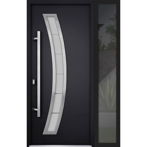Front Exterior Prehung Steel Door / Deux 6500 Black / Side Exterior Window /  Stainless Inserts Single Modern Painted-W36+12" x H80"-Right-hand Inswing