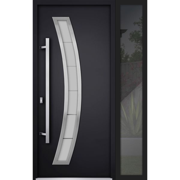 Front Exterior Prehung Steel Door / Deux 6500 Black / Sidelight Exterior Window / Stainless Inserts Single Modern Painted-W36+14" x H80"-Right-hand Inswing