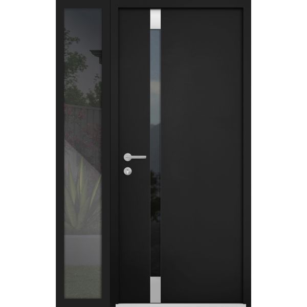 Front Exterior Prehung Steel Door / Cynex 6777 Black / Sidelight Exterior Window / Stainless Inserts Single Modern Painted-W36+16" x H80"-Right-hand Inswing