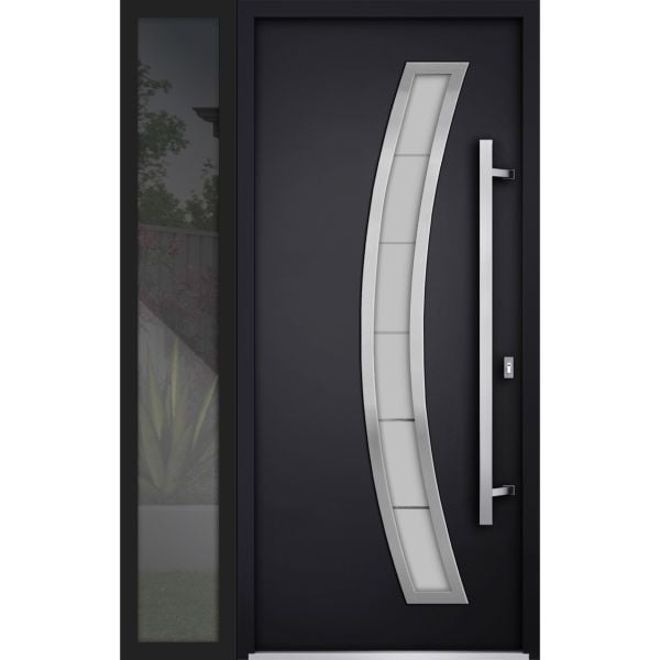 Front Exterior Prehung Steel Door / Deux 6500 Black / Sidelight Exterior Window / Stainless Inserts Single Modern Painted-W36+16" x H80"-Left-hand Inswing