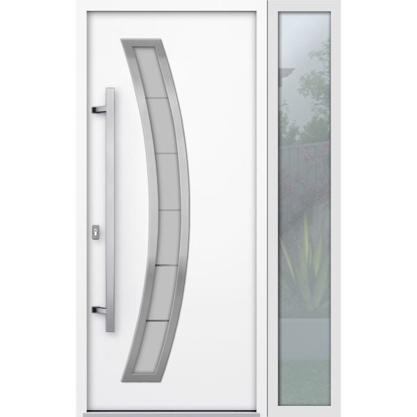 Front Exterior Prehung Steel Door / Deux 6500 White / Side Exterior Window /  Stainless Inserts Single Modern Painted-W36+12" x H80"-Right-hand Inswing