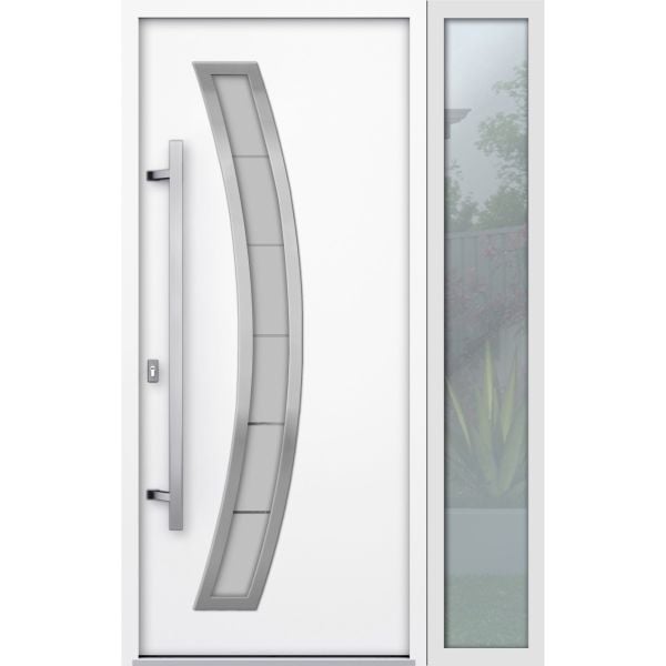 Front Exterior Prehung Steel Door / Deux 6500 White / Sidelight Exterior Window / Stainless Inserts Single Modern Painted-W36+14" x H80"-Right-hand Inswing