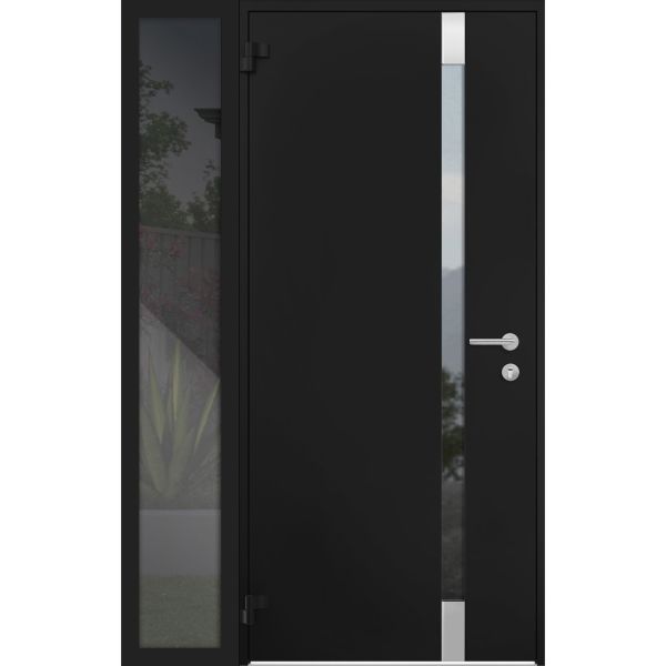 Front Exterior Prehung Steel Door / Cynex 6777 Black / Sidelight Exterior Window / Stainless Inserts Single Modern Painted-W32+14" x H80"-Left-hand Outswing