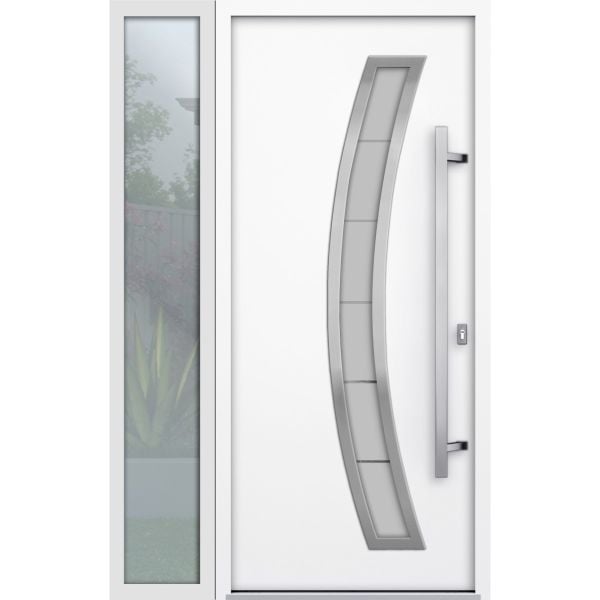 Front Exterior Prehung Steel Door / Deux 6500 White / Sidelight Exterior Window / Stainless Inserts Single Modern Painted-W36+14" x H80"-Left-hand Inswing