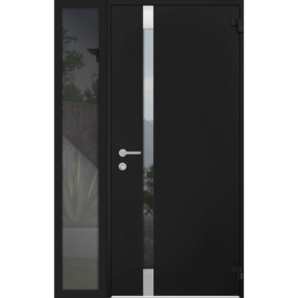 Front Exterior Prehung Steel Door / Cynex 6777 Black / Sidelight Exterior Window /  Stainless Inserts Single Modern Painted-W36+12" x H80"-Right-hand Outswing