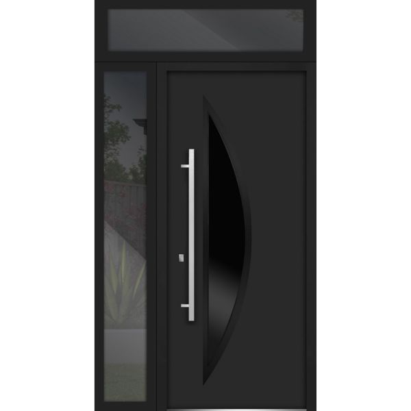 Front Exterior Prehung Steel Door / Deux 6501 Black / Side and Top Exterior Window / Stainless Inserts Single Modern Painted-W36+12" x H80+16"-Right-hand Inswing