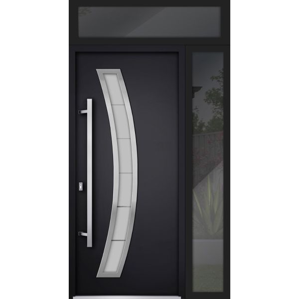 Front Exterior Prehung Steel Door / Deux 6500 Black / Sidelight and Transom Window / Stainless Inserts Single Modern Painted-W36+14" x H80+16"-Right-hand Inswing