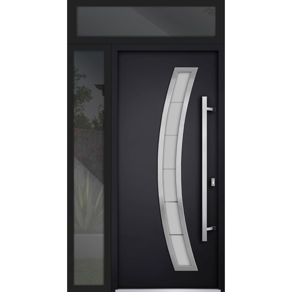 Front Exterior Prehung Steel Door / Deux 6500 Black / Sidelight and Transom Window / Stainless Inserts Single Modern Painted-W36+16" x H80+16"-Left-hand Inswing