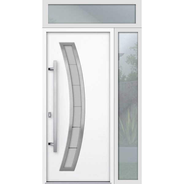 Front Exterior Prehung Steel Door / Deux 6500 White / Sidelight and Transom Window / Stainless Inserts Single Modern Painted-W36+16" x H80+16"-Right-hand Inswing