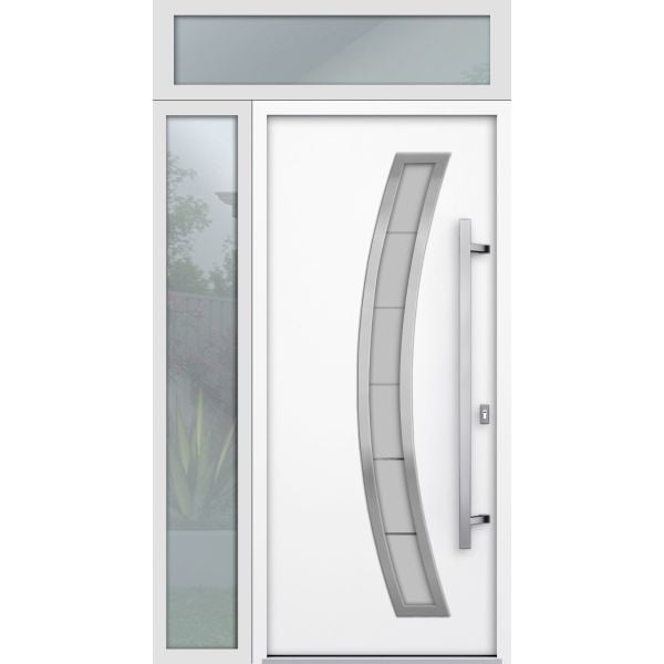Front Exterior Prehung Steel Door / Deux 6500 White / Sidelight and Transom Window / Stainless Inserts Single Modern Painted-W36+16" x H80+16"-Left-hand Inswing